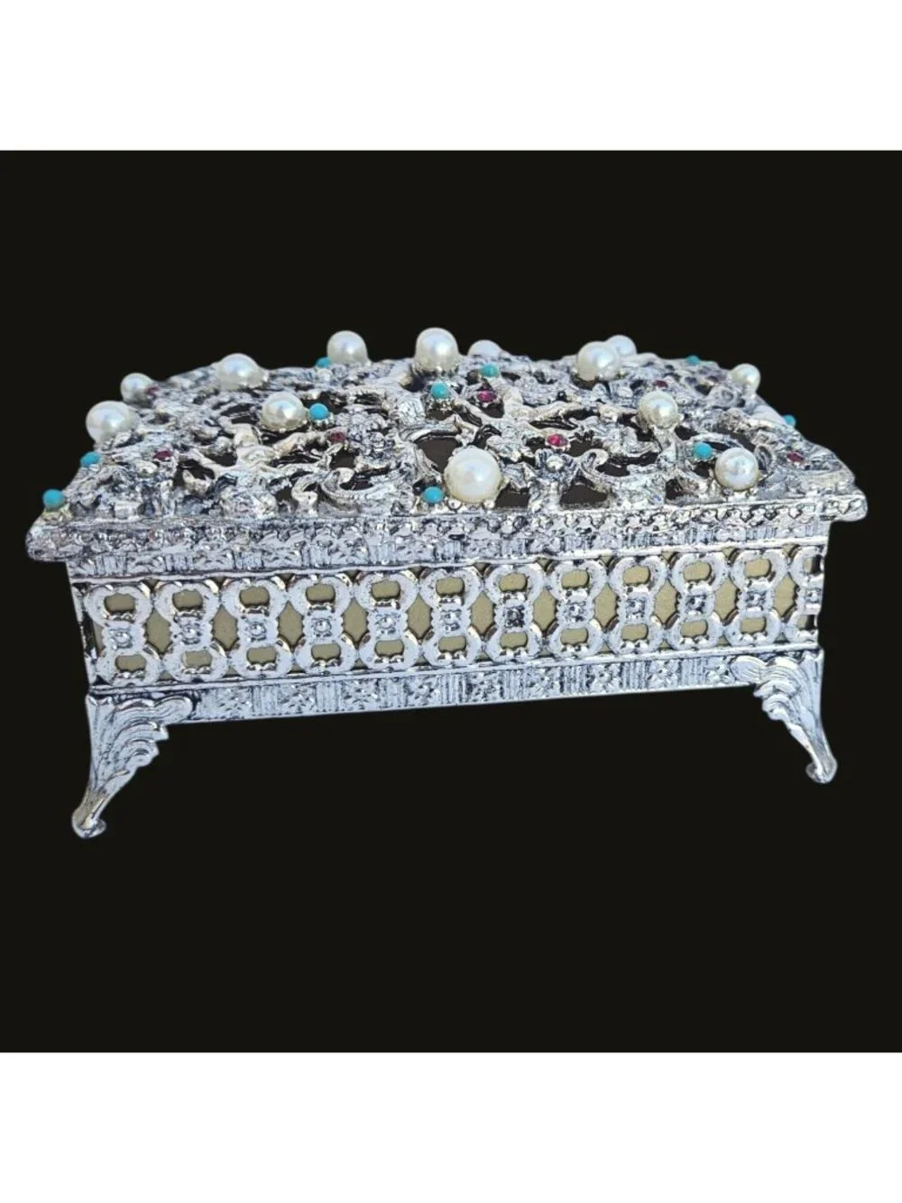 Vintage Hollywood Regency Gold Tone Filigree Jewelry Box Faux Pearl Turquoise
